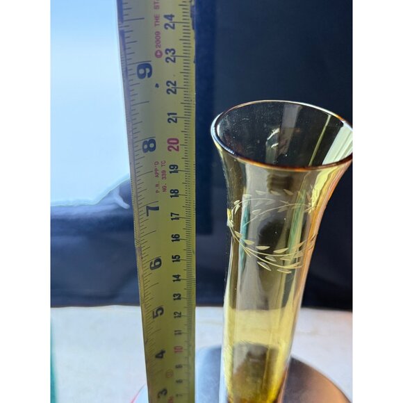 Vtg. Etched Leaf Amber Crystal Slim Bud Vase 8.25" tall - Picture 4 of 6